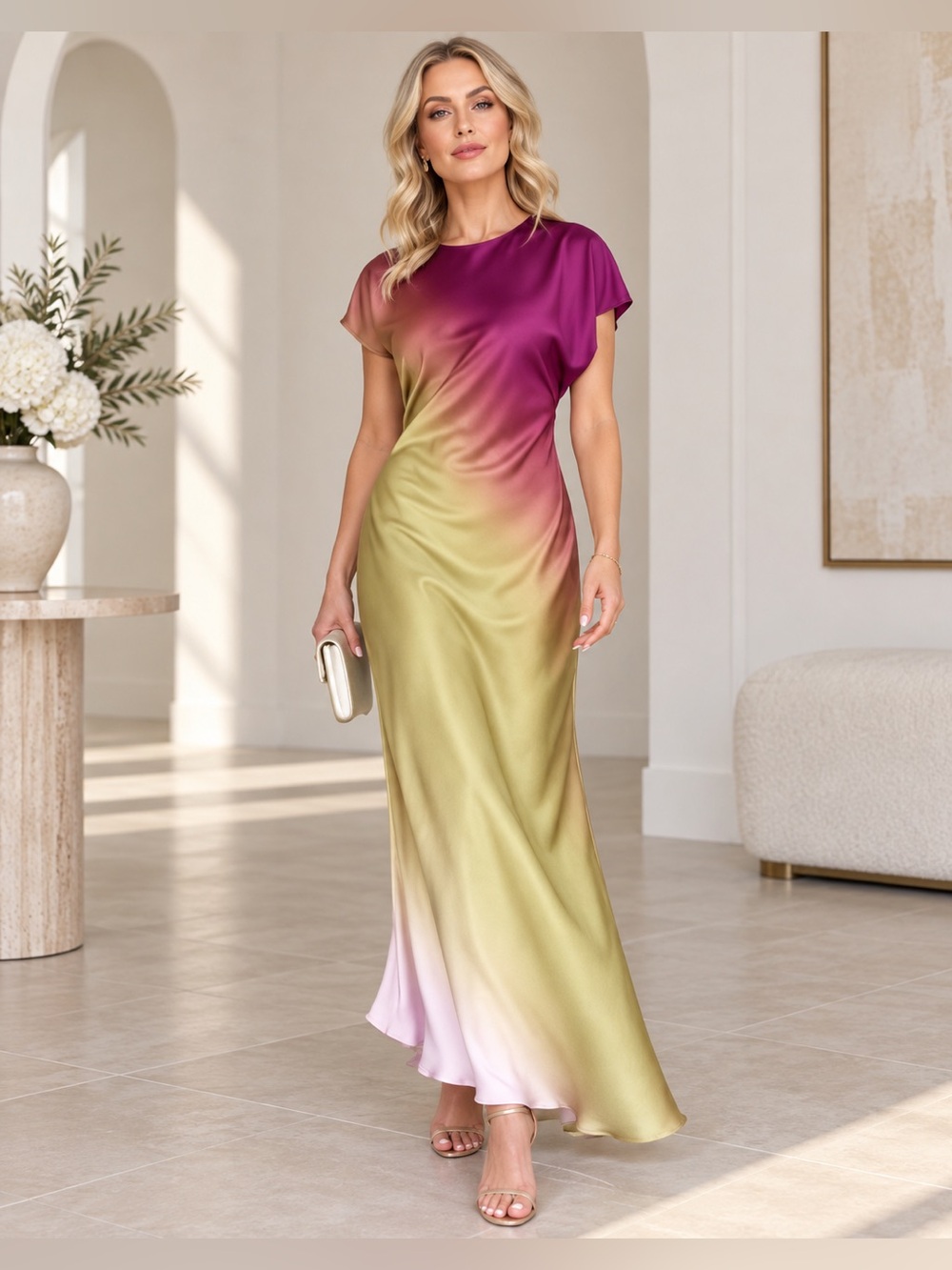 Viral Zara Satin Ombrรฉ Maxi Dress M Magenta Olive Made in Morocco Wedding Guest
